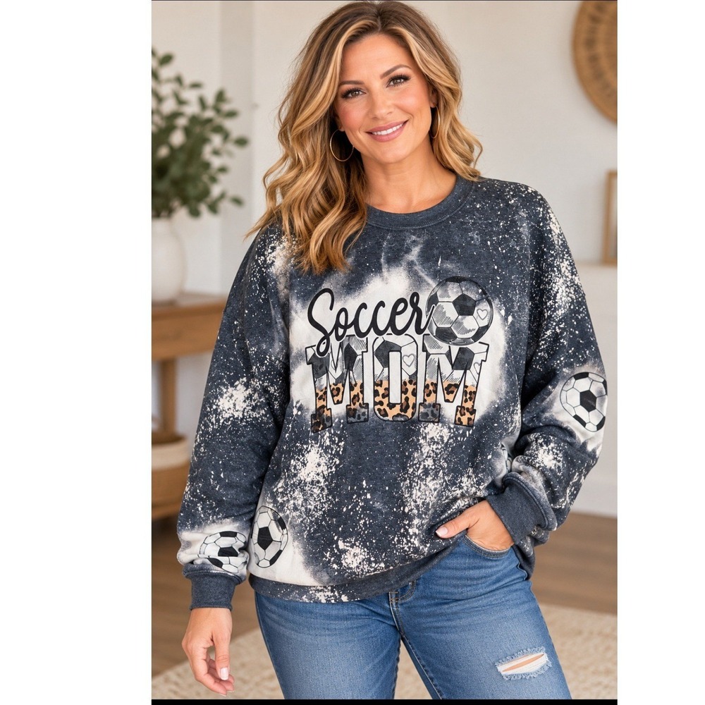 3/$25 Gildan Sweatshirt XXL Gray Blue Bleached Soccer Mom Leopard Print Graphic